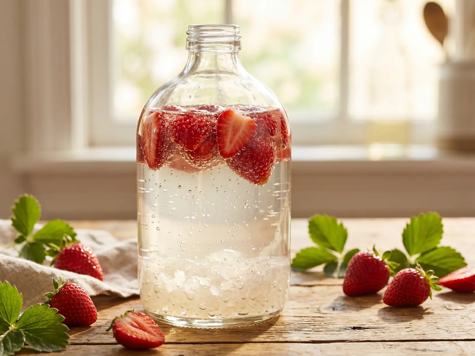 waterkefir invriezen Fles waterkefir in tweede fermentatie met aardbeien, fijne belletjes en zomers licht op hout.