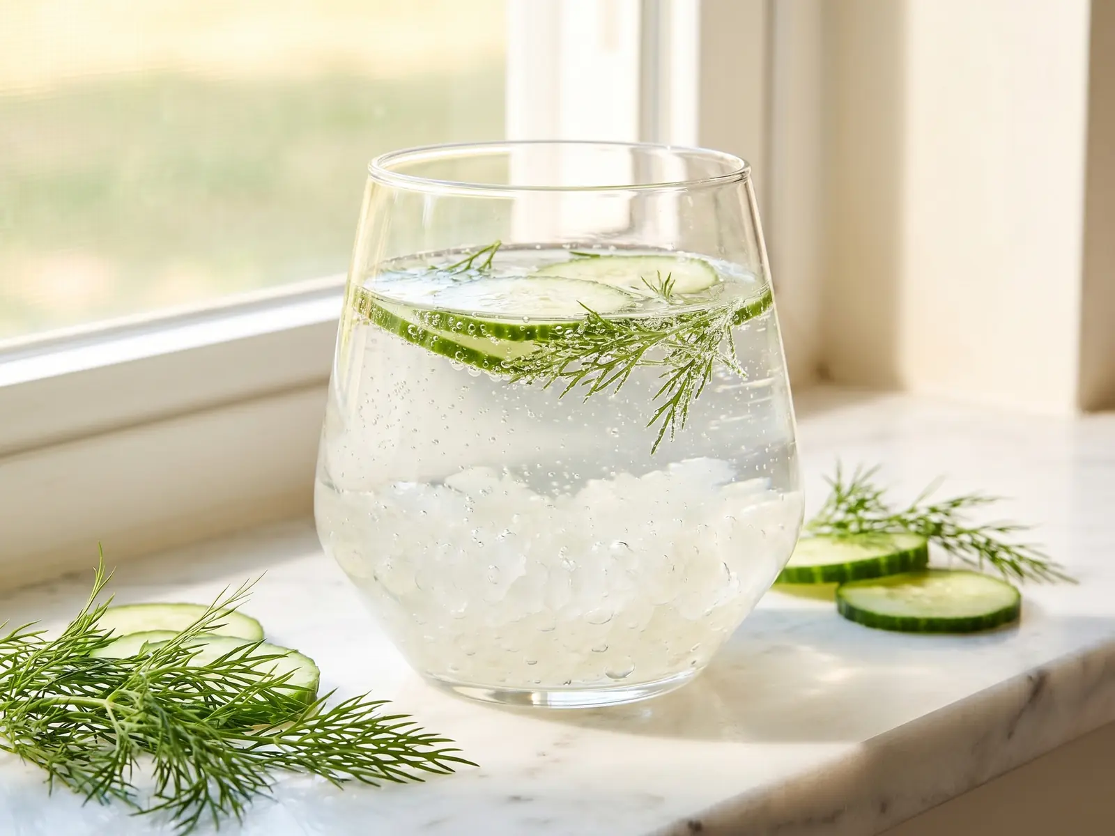 Breed glas waterkefir met komkommer en dille op wit marmer bij zacht zijlicht van een raam.