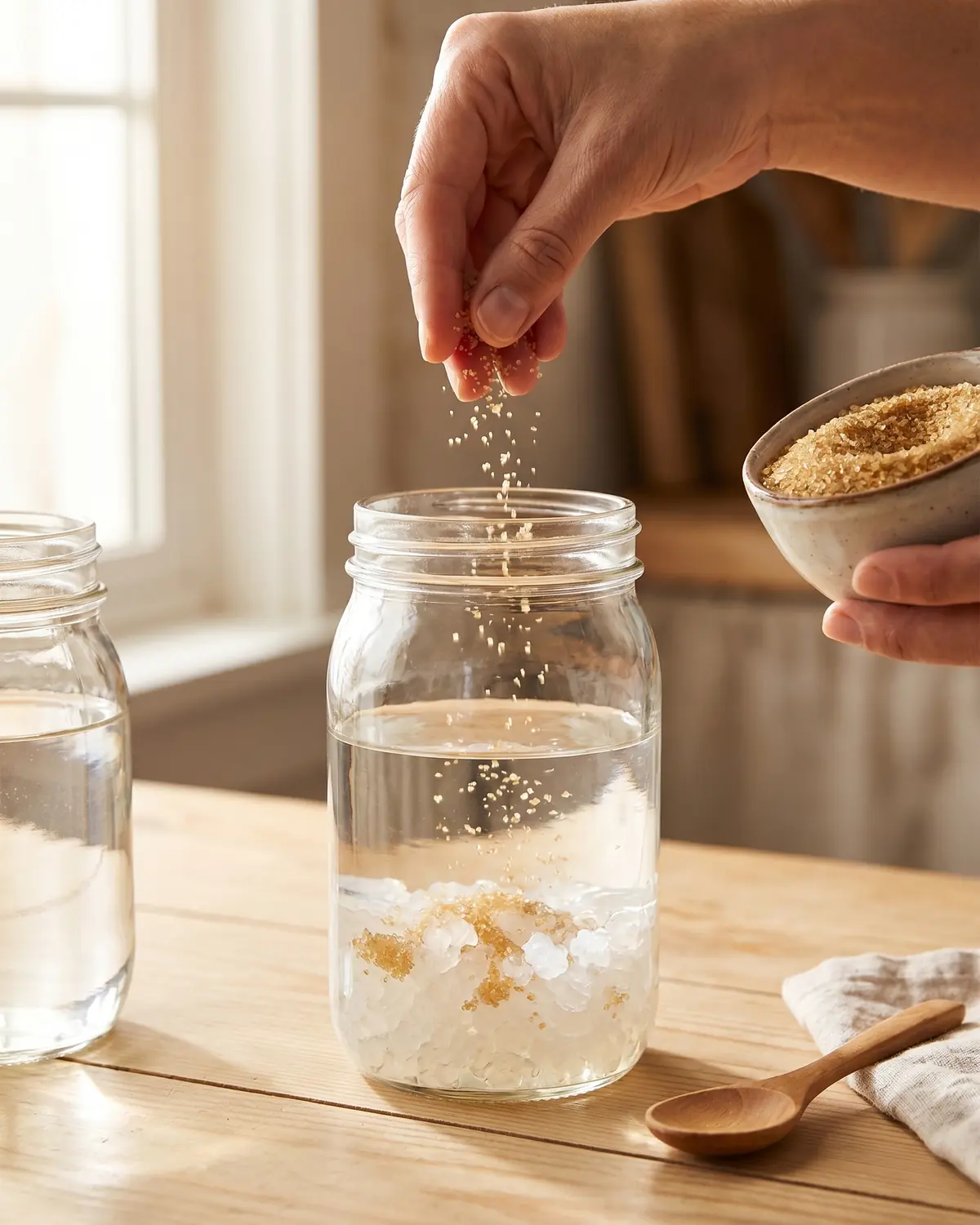 Hand strooit rietsuiker in een hoge pot met water en heldere waterkefirkorrels voor fermentatie.