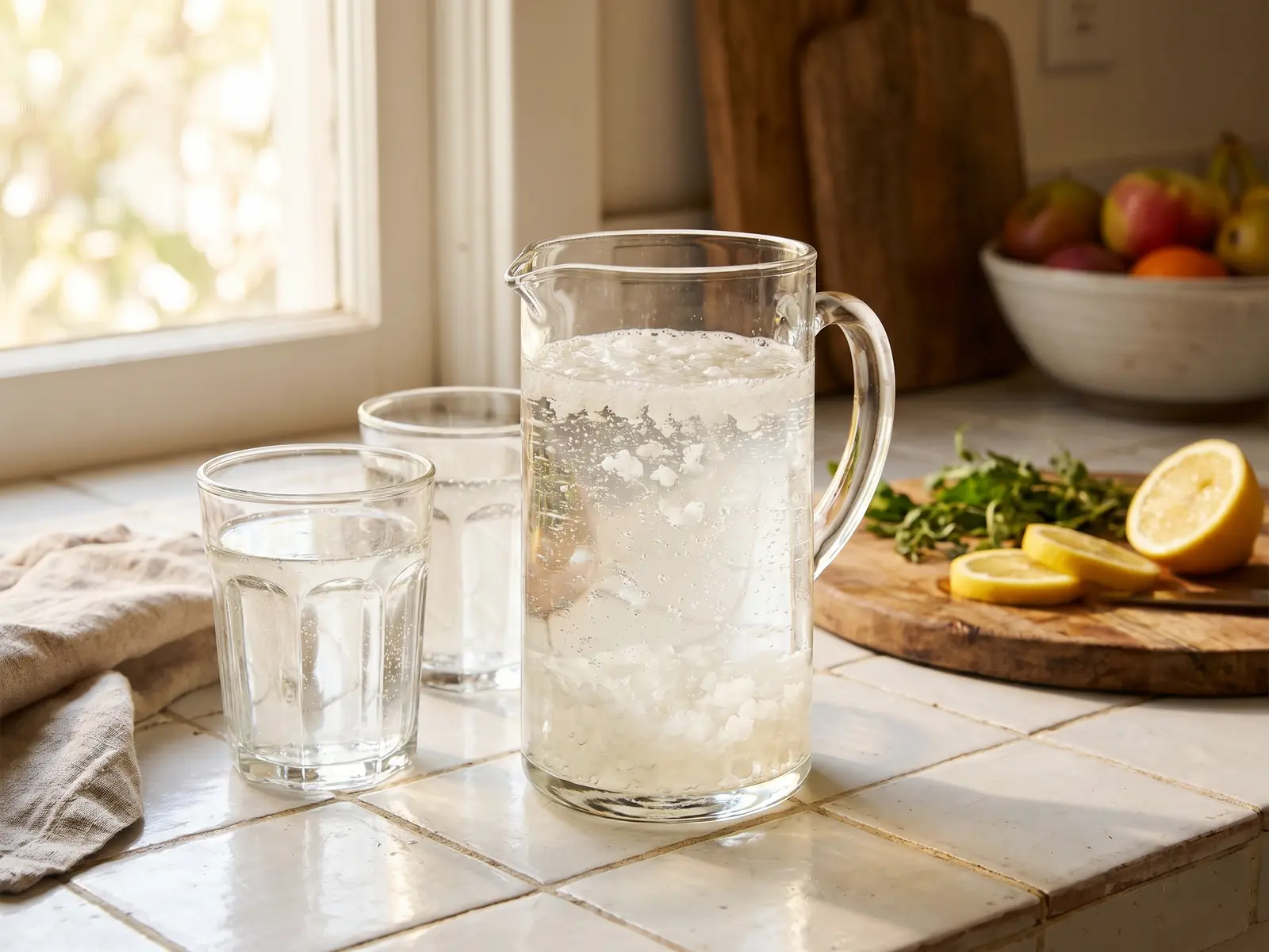 waterkefir dood Jarra met waterkefir en twee glazen op witte tegels in een rustige keukenscène zonder etiketten