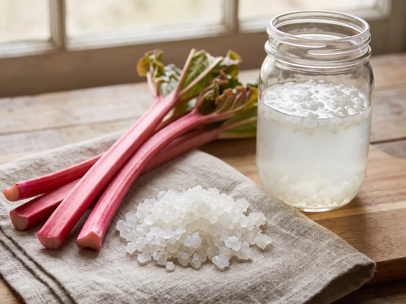 tweede fermentatie waterkefir Voorjaarsstilleven met transparante waterkefirkorrels, roze rabarber, ruw linnen en een halfvolle pot.