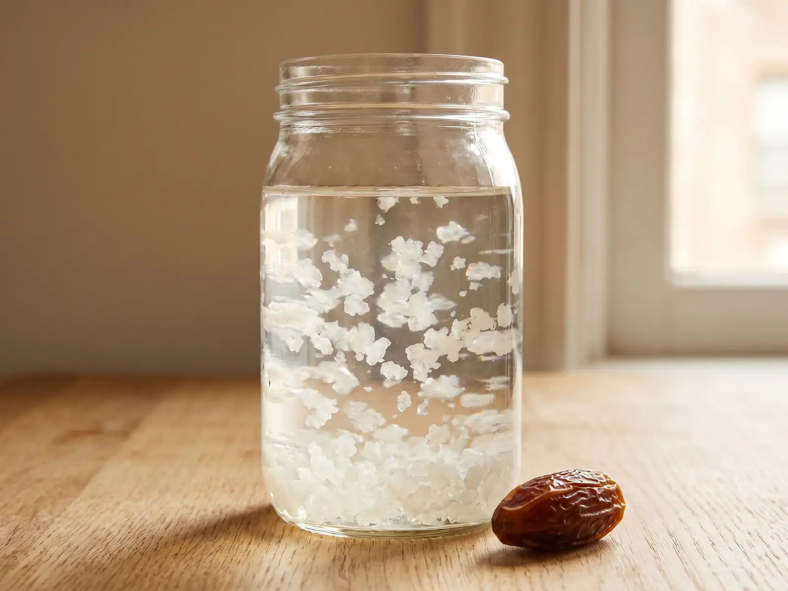 waterkefir verhouding Glazen pot met waterkefir, doorschijnende korrels in helder water en een dadel ernaast.