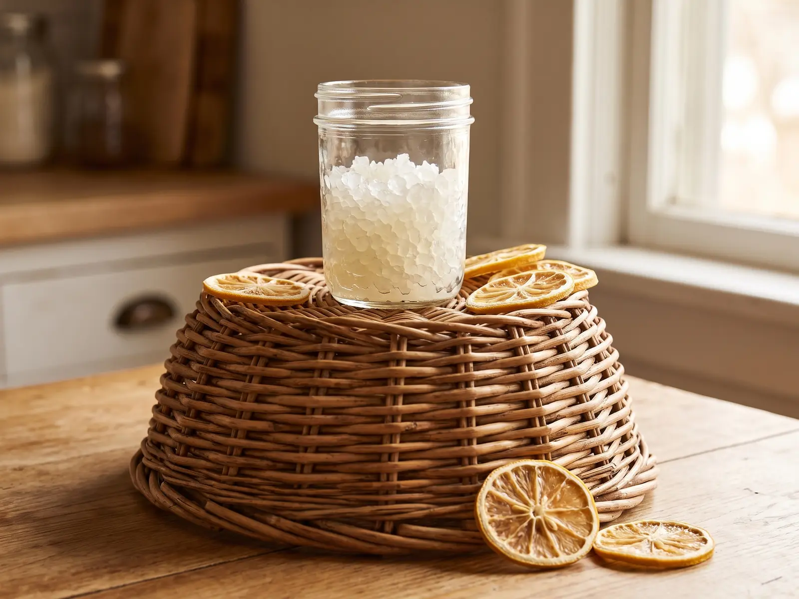 www waterkefir net Glazen pot met waterkefirkorrels op een omgekeerd rieten mandje, met gedroogde citroen ernaast.