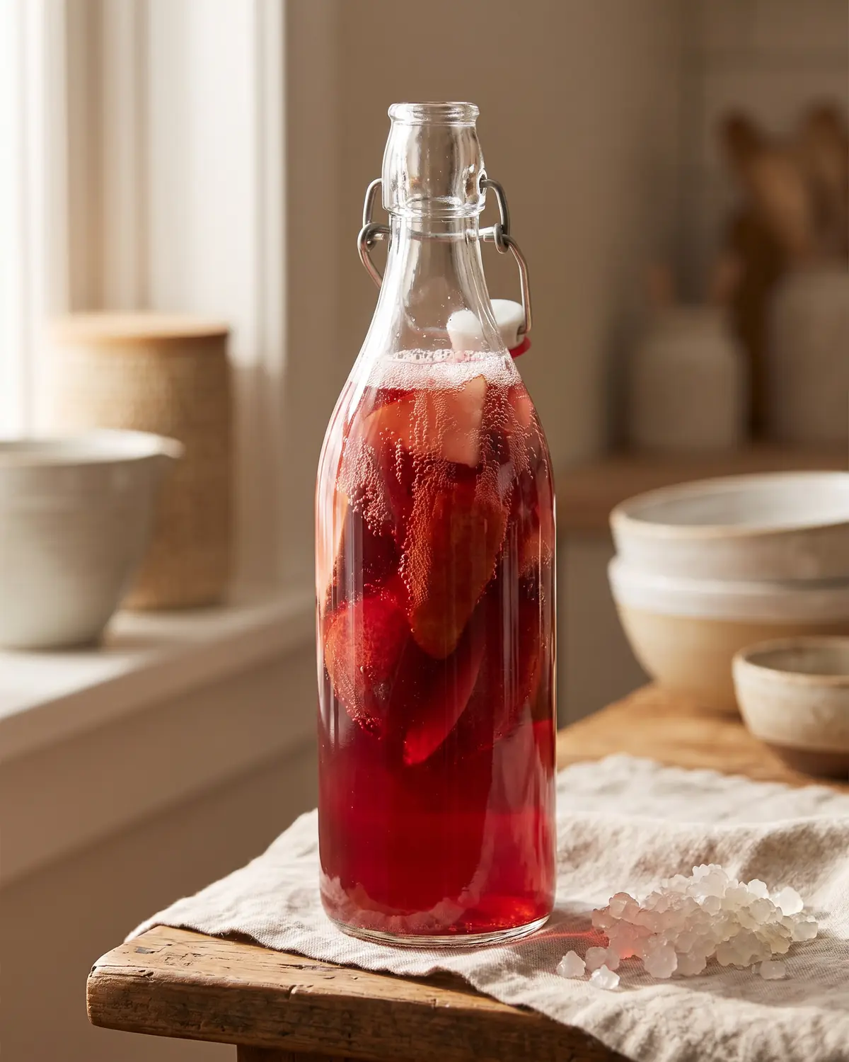 waterkefir invriezen Tweede fermentatie van waterkefir met rode peer, verticale bubbels en helder glas zonder korrels.