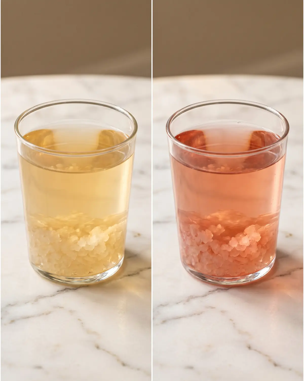 tibicos Twee glazen waterkefir naast elkaar, één naturel en één met hibiscusinfusie voor kleur en aroma.