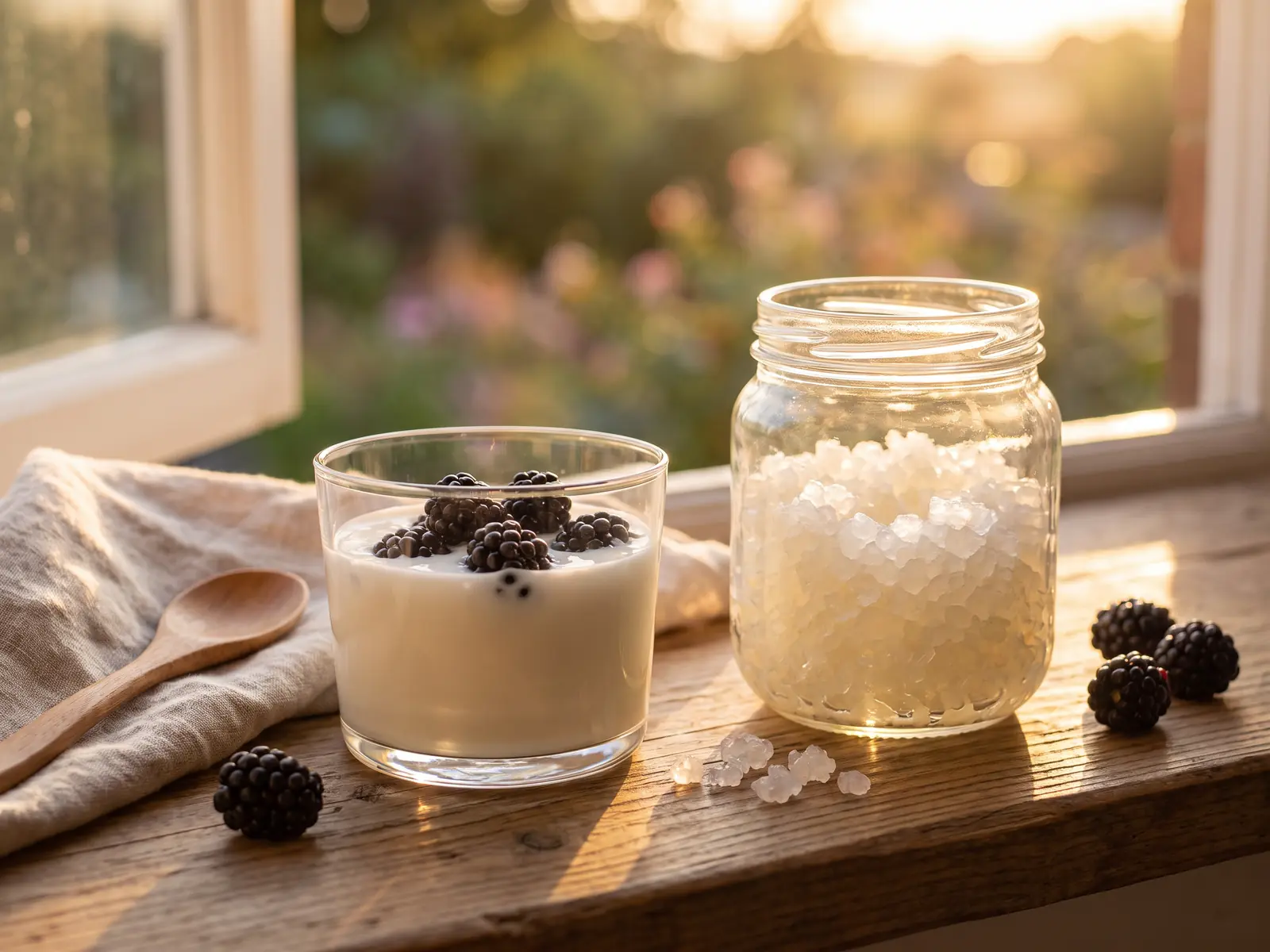 tibicos Vaso waterkefir met bramen bij een zomerraam, naast een pot met levende tibicoskorrels.