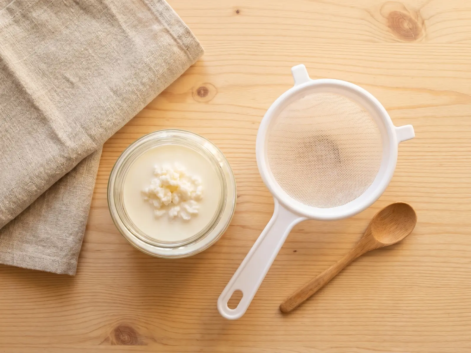 Tarro met melkkefir op het aanrecht, met witte zeef, houten lepel en linnen doek ernaast.