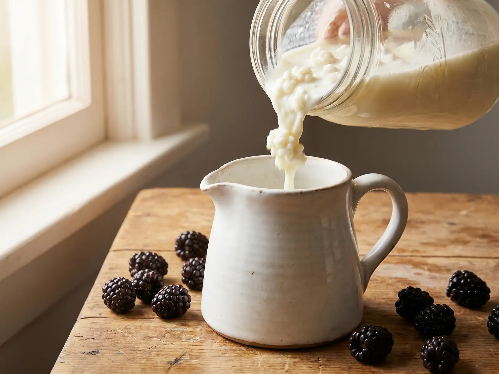 Melkkefir in een witte keramische kan met verse bramen eromheen en zacht zijlicht bij het raam.