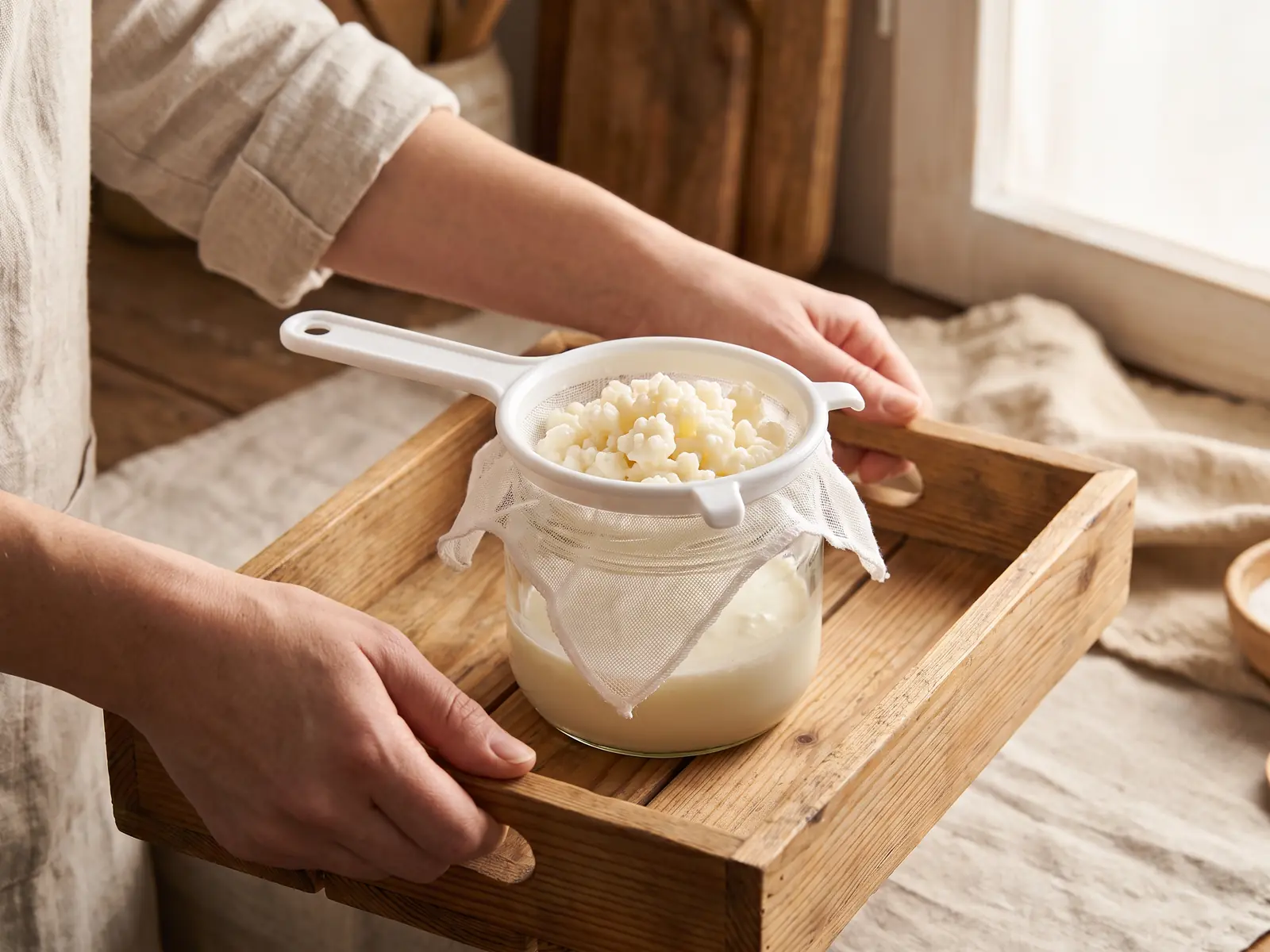 Twee handen dragen een dennenhouten dienblad met een pot melkkefir, witte zeef en uitgelekte kefirkorrels.