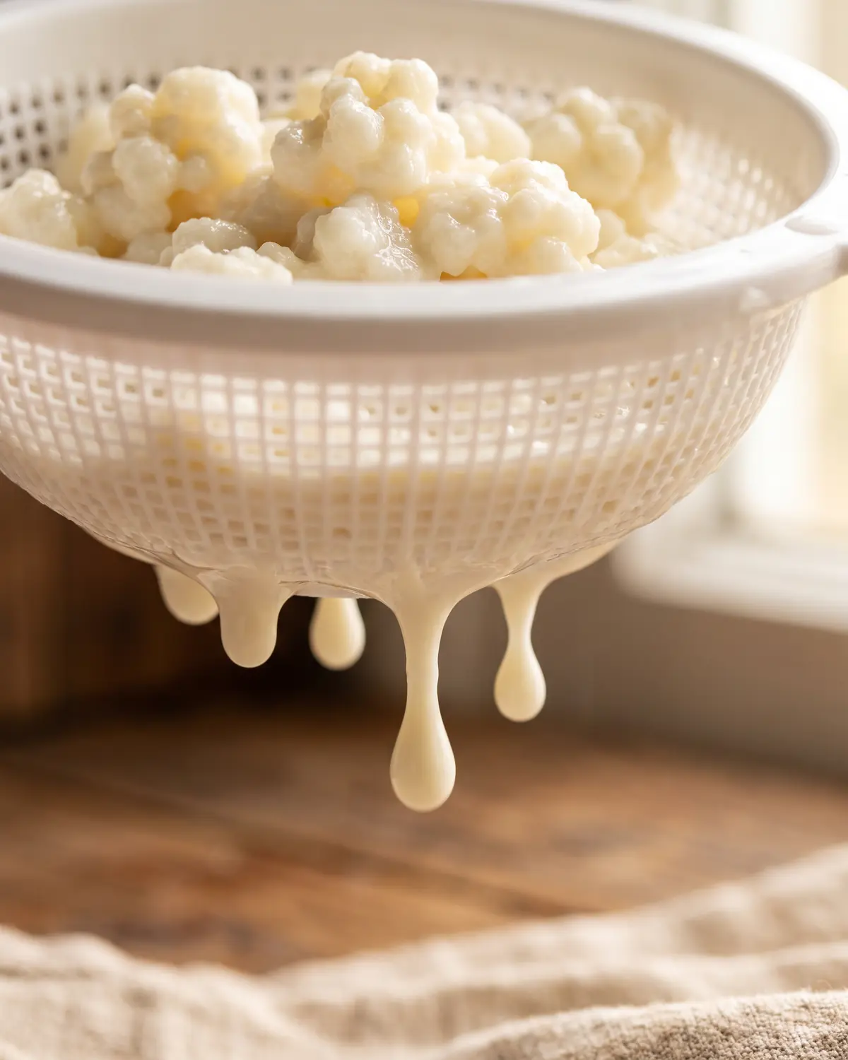 rauwe melk kefir ongezond Dikke melkkefirdruppels hangen aan een witte kunststofzeef met korrels onscherp op de achtergrond.
