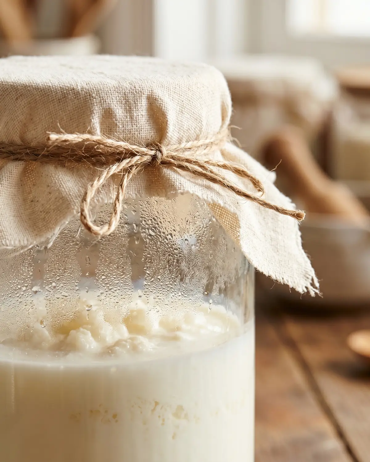 kefir diarree Detail van een glazen pot melkkefir met vastgeknoopt katoenen doek en witte melk achter het glas.