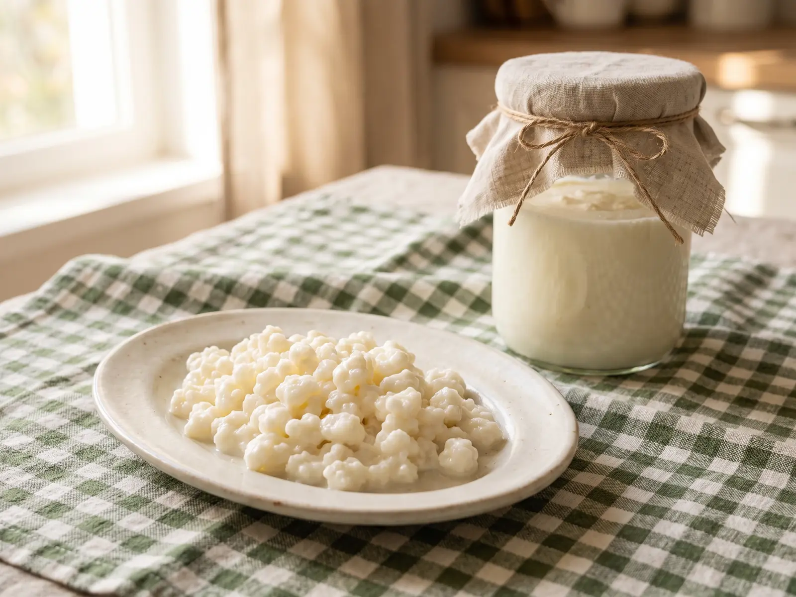 zit er alcohol in kefir Melkkefirkorrels op een ovaal bord naast een afgedekte pot op een groen geruit tafelkleed.