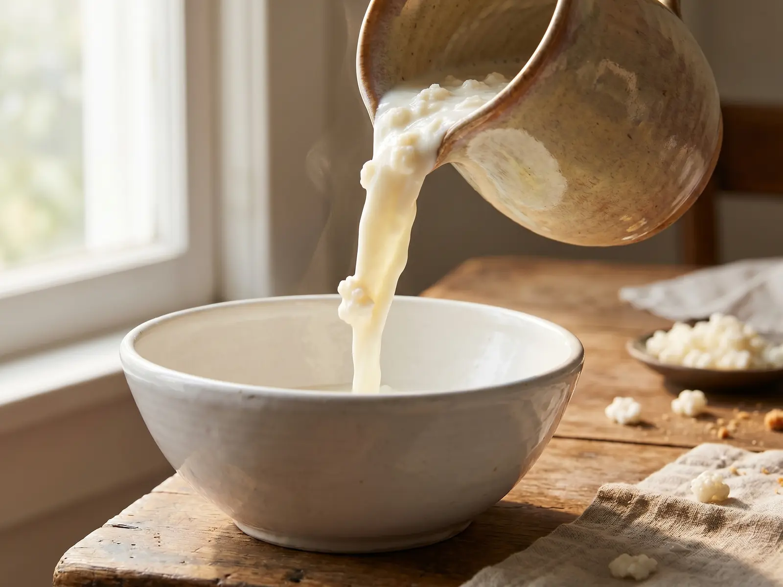gefermenteerde groenten Keramische kan schenkt dikke melkkefir in een witte kom, met zacht raamlicht op de achtergrond.