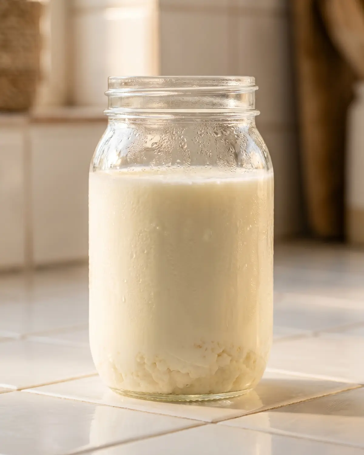 Een glazen pot met melkkefir op witte tegels, met zachte condens en warm raamlicht aan de zijkant.