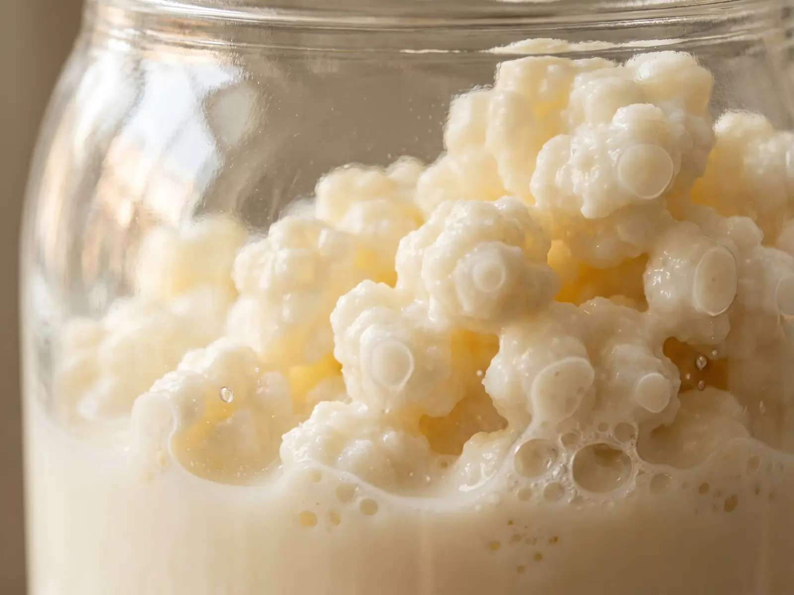 waar is kefir goed voor Detail van melkkefir in een glazen pot met romige melk, korrels aan het glas en kleine belletjes.