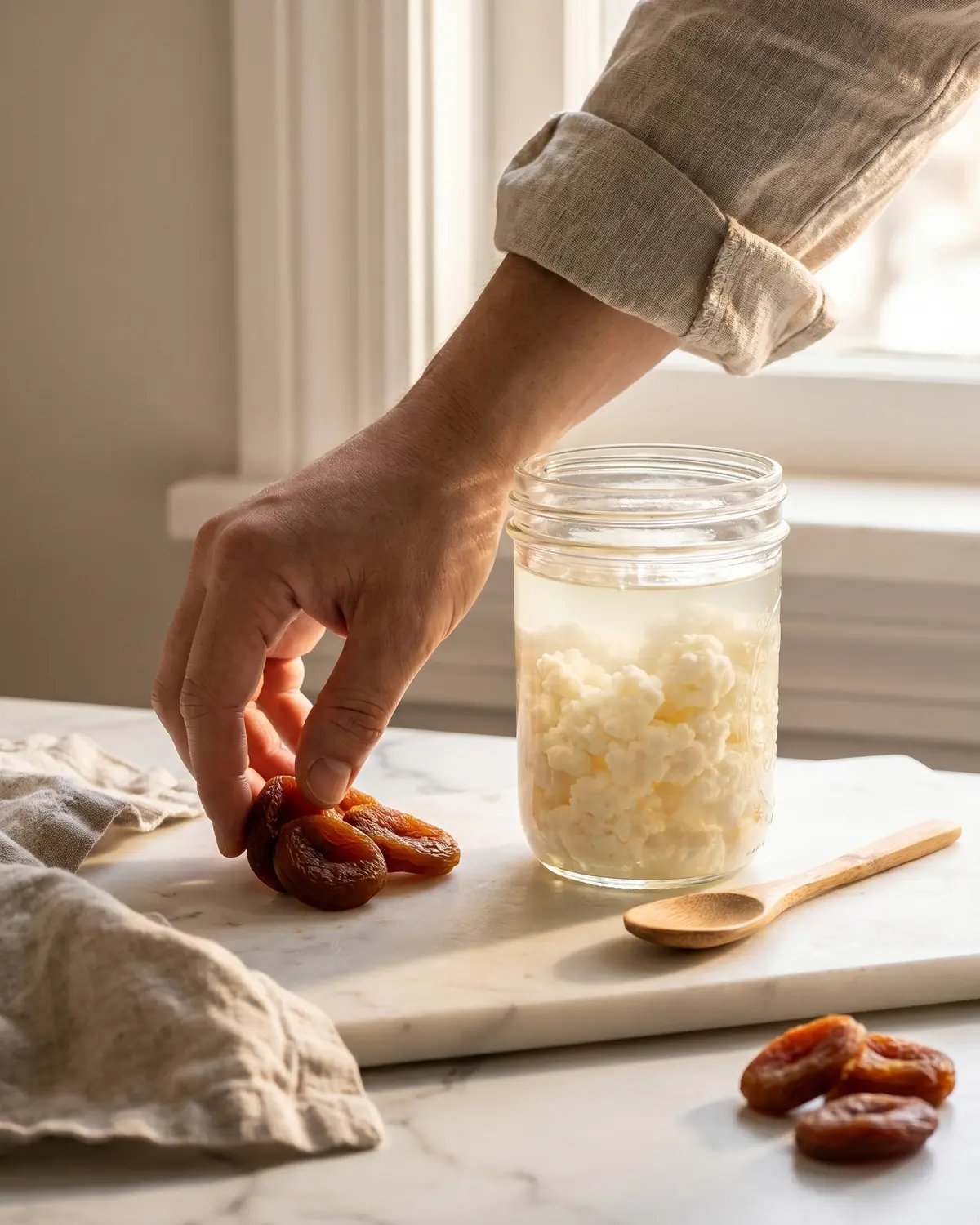 hoe wordt kefir gemaakt Hand legt gedroogde abrikozen naast een pot melkkefir op wit marmer in een rustige keukenscène.