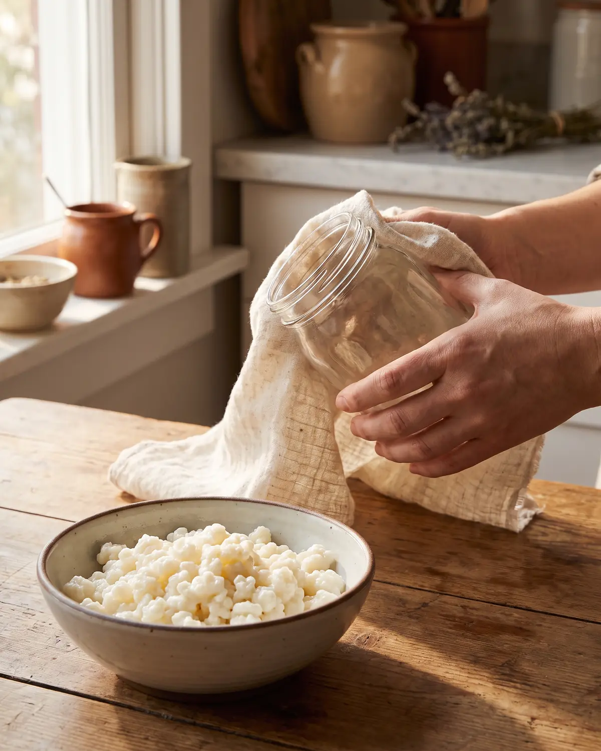 kefir verwarmen Hand droogt een glazen pot met ruwe linnen doek, terwijl een kom met kefirkorrels klaarstaat eronder.