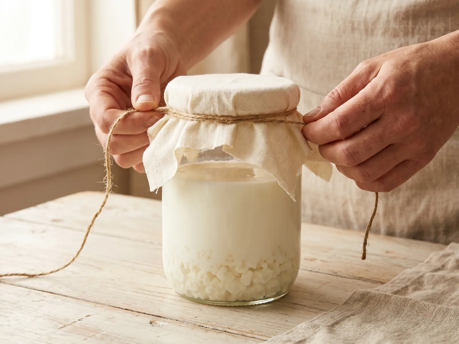 kefir gezond Hand die een katoenen doek met touw vastmaakt op een pot melkkefir op een lichte tafel.