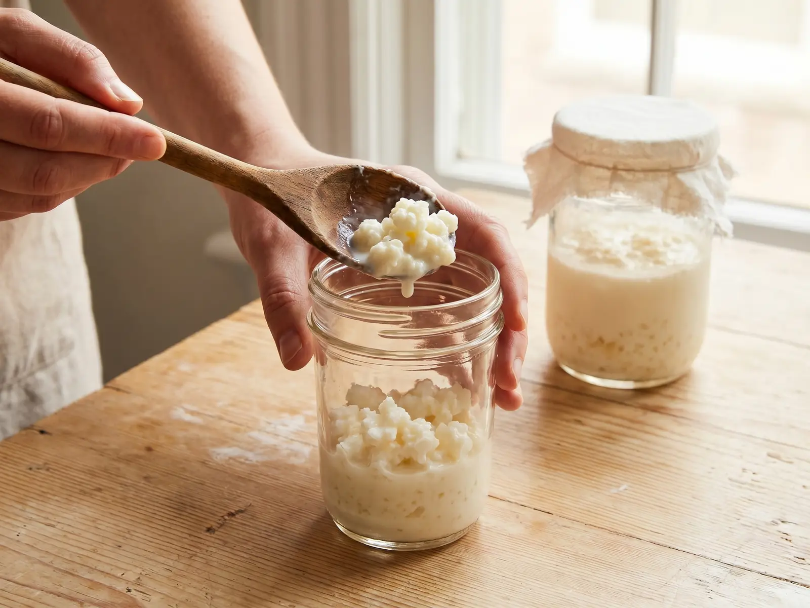 kefir korrels ekoplaza Hand schept melkkefirkorrels in een glazen pot op een lichte houten ondergrond.