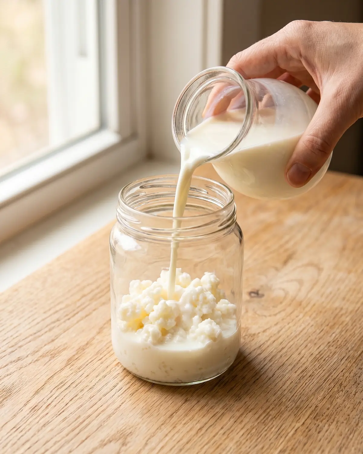 kefir lidl Hand giet verse melk over melkkefirkorrels in een glazen pot voor fermentatie thuis.