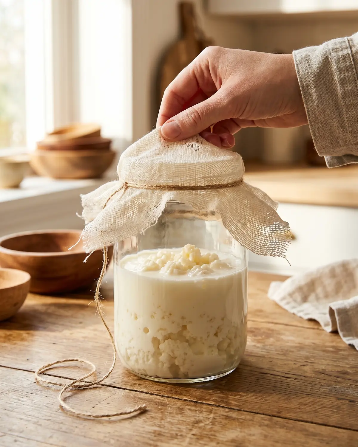 hoeveel kefir per dag drinken Hand die de doek van een pot melkkefir haalt, met los koord en zacht ochtendlicht.