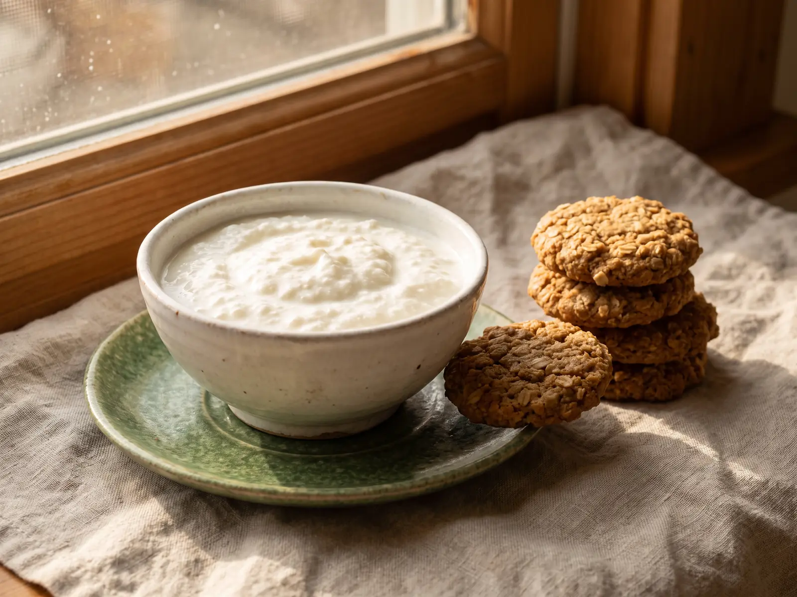 Huiselijke snack met havermoutkoekjes, een kom naturel kefir en een groen schoteltje bij warm raamlicht.