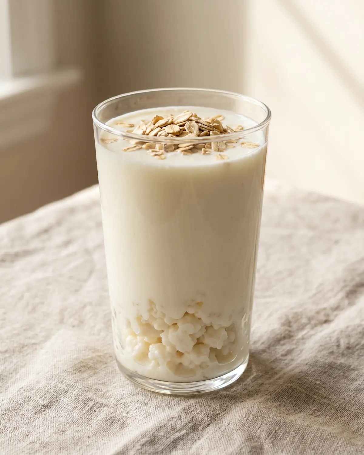 zelf kefir maken met water Hoog glas kefir met havervlokken bovenop, helder gefotografeerd op een ondergrond van ruw linnen.