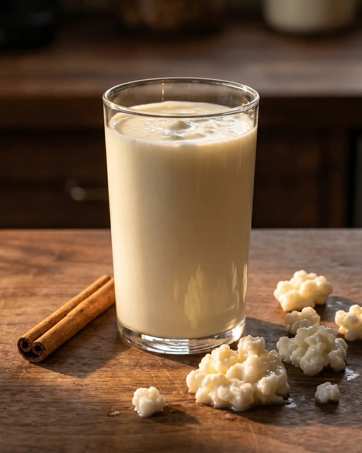 Hoog glas met afgewerkte melkkefir op een walnoten tafel, met kaneelstokje en warm goud licht.