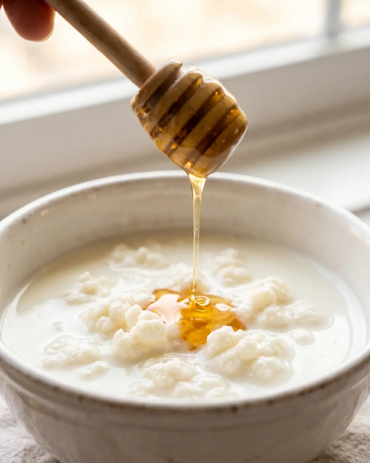 Een dunne straal honing valt in een witte kom met melkkefir, met een hand vaag zichtbaar zonder gezicht.