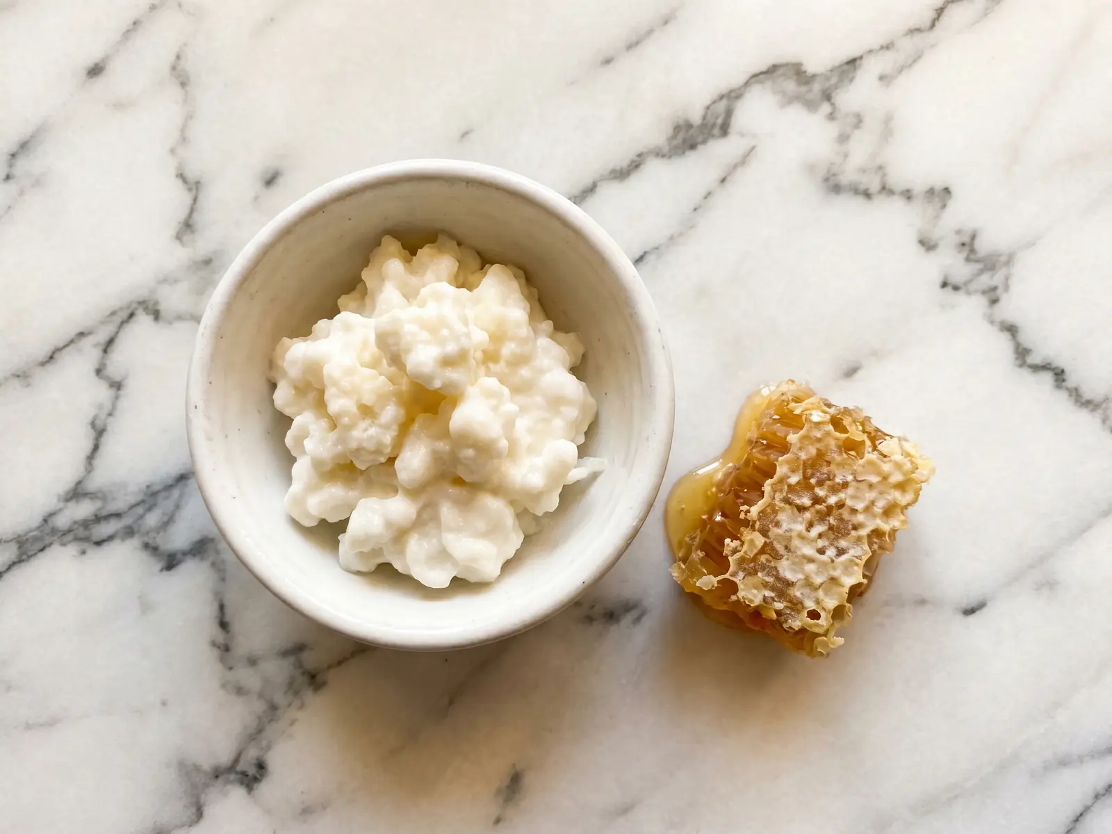 Kom met natuurlijke melkkefir en een stuk honingraat op geaderd marmer onder warm bovenlicht