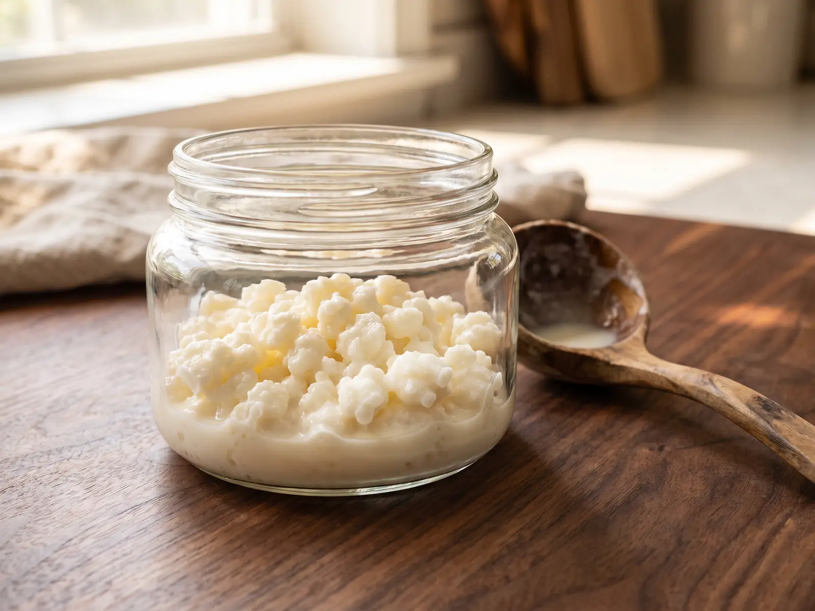 kefiralia review Brede pot met melkkefir, zichtbare korrels en houten lepel op donker notenhout met jaloeziereflectie