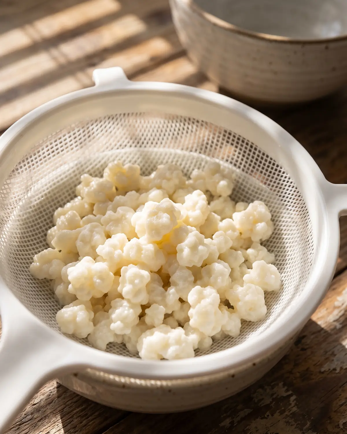 kefir tijdens zwangerschap Witte zeef met melkkefirkorrels onder gestreept jaloezielicht, klaar om voorzichtig te worden gezeefd.