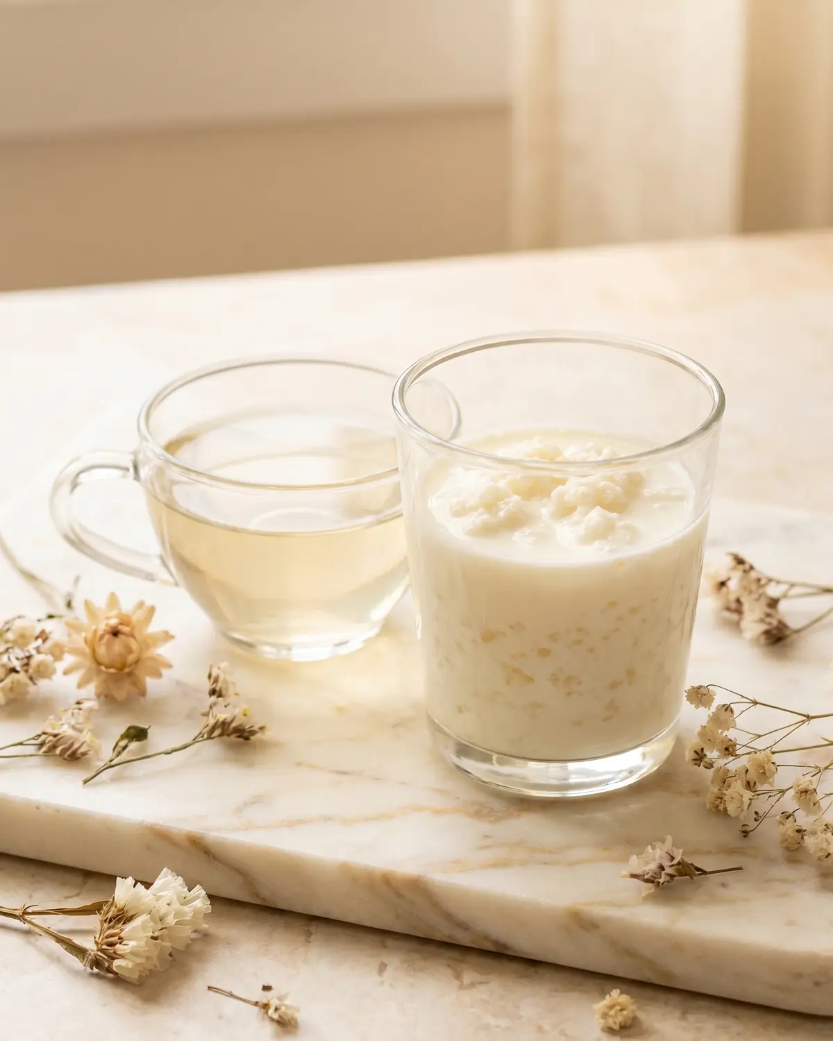 Klein glas kefir naast lichte thee, gedroogde bloemen en geaderd marmer in zachte tinten.