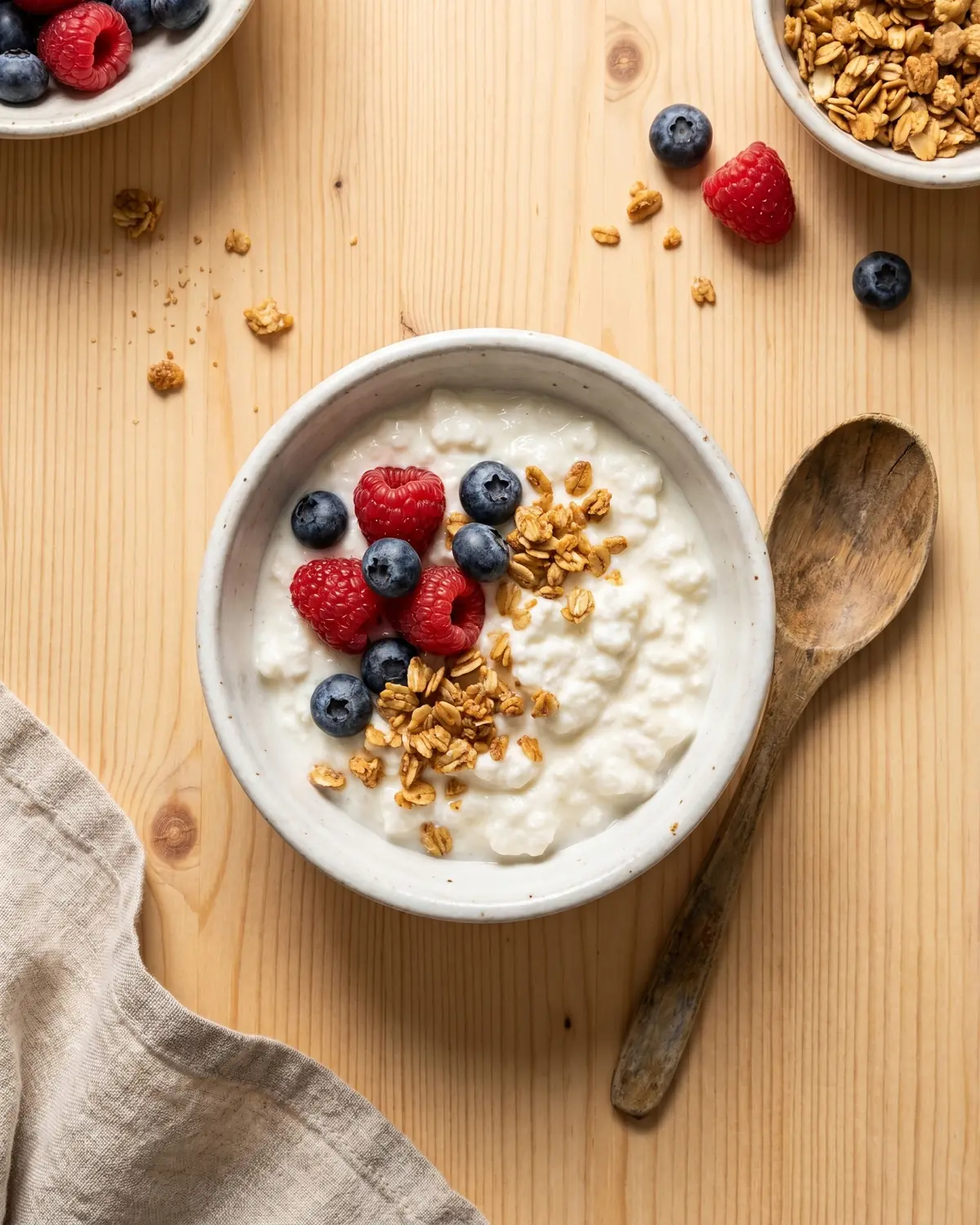 Kom met romige melkkefir, rode vruchten, granola en een houten lepel als eenvoudig ontbijt.