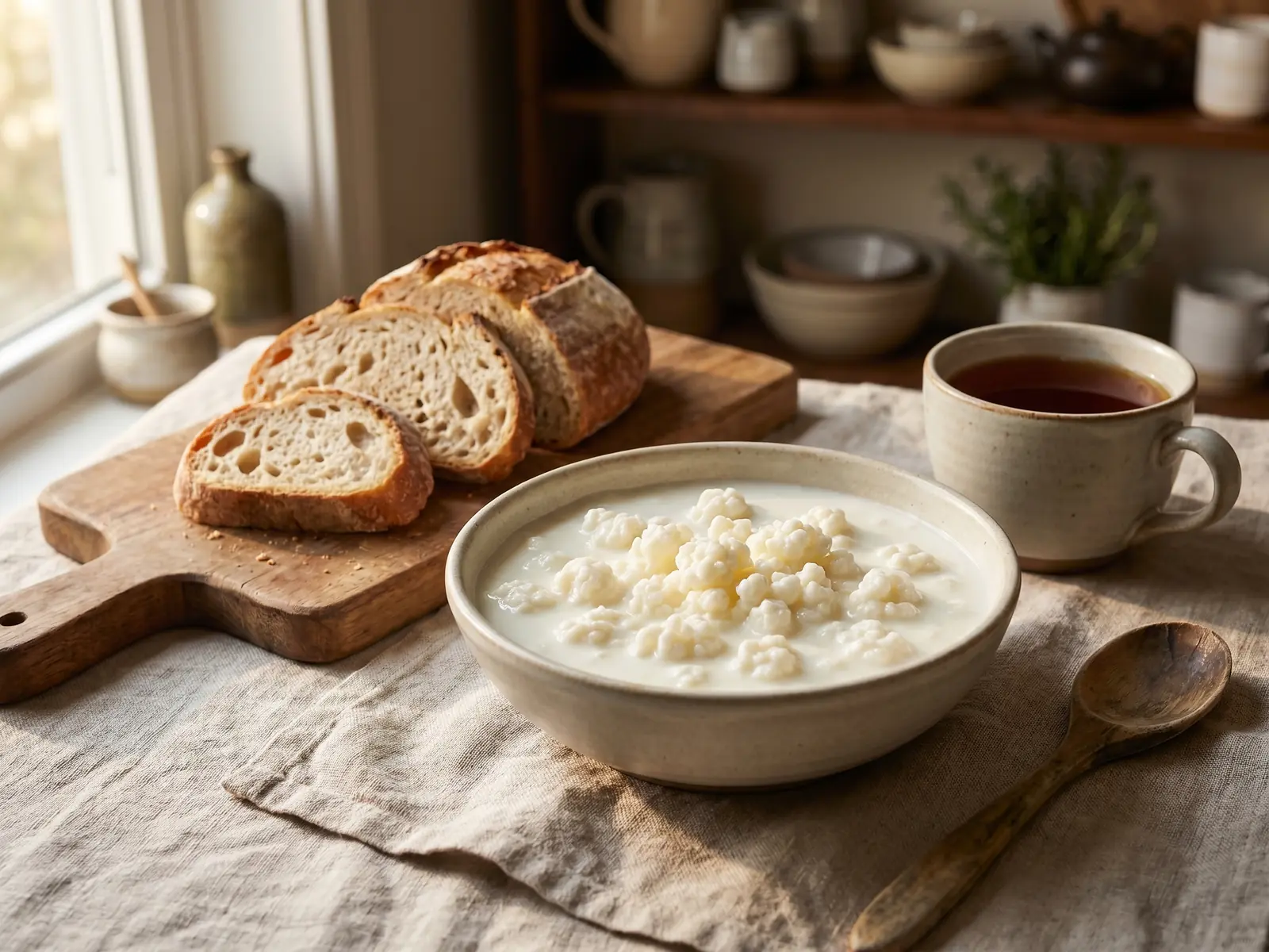 kefir kopen turkse winkel Kom met melkkefir naast een kop thee, rustiek brood en ruwe linnen stof op een eenvoudige tafel.
