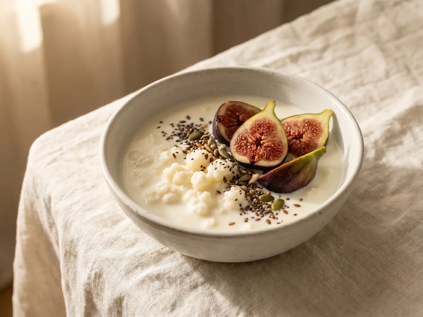 beste kefir keuringsdienst van waarde Melkkefir in een witte kom met verse vijgen en zaden op een zacht gekreukte linnen doek.