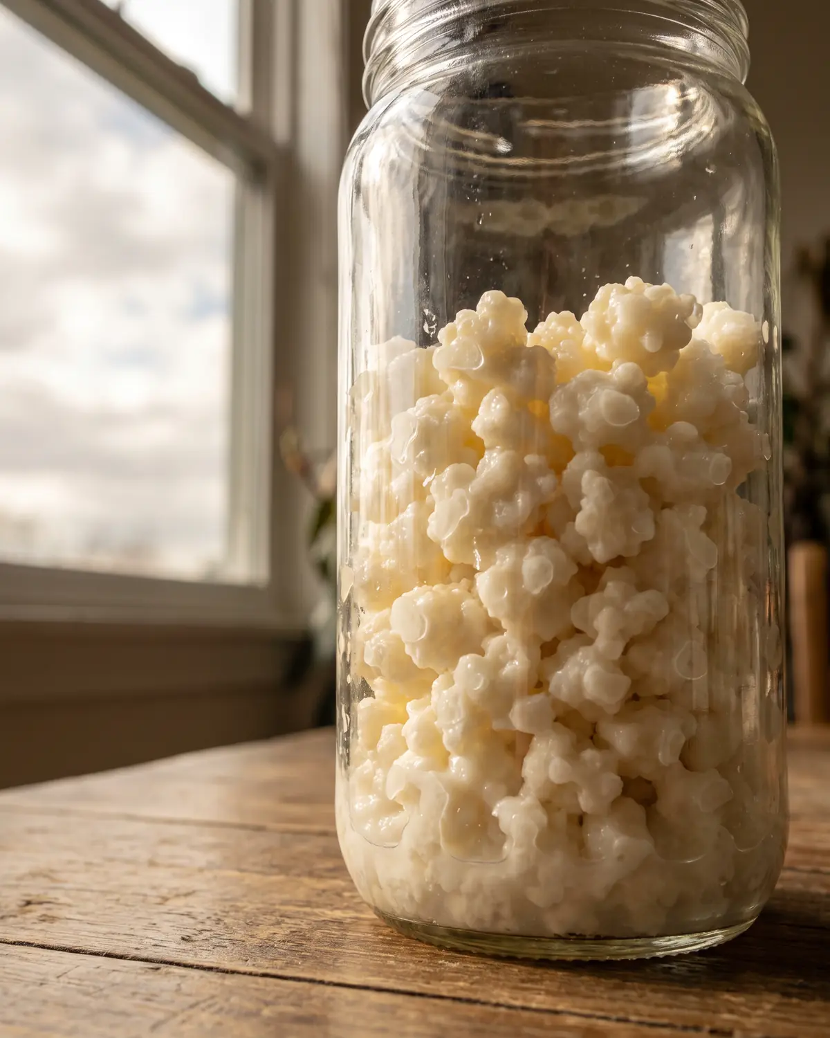 kefir safe Hoge pot melkkefir laag gefotografeerd, met korrels zichtbaar tegen een bewolkt raam.