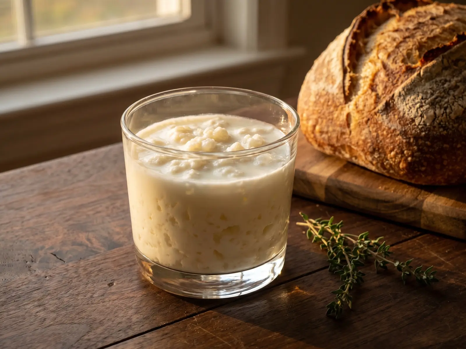 Romige kefir in een laag glas op donker notenhout, met rustiek brood, tijm en warm laag licht.