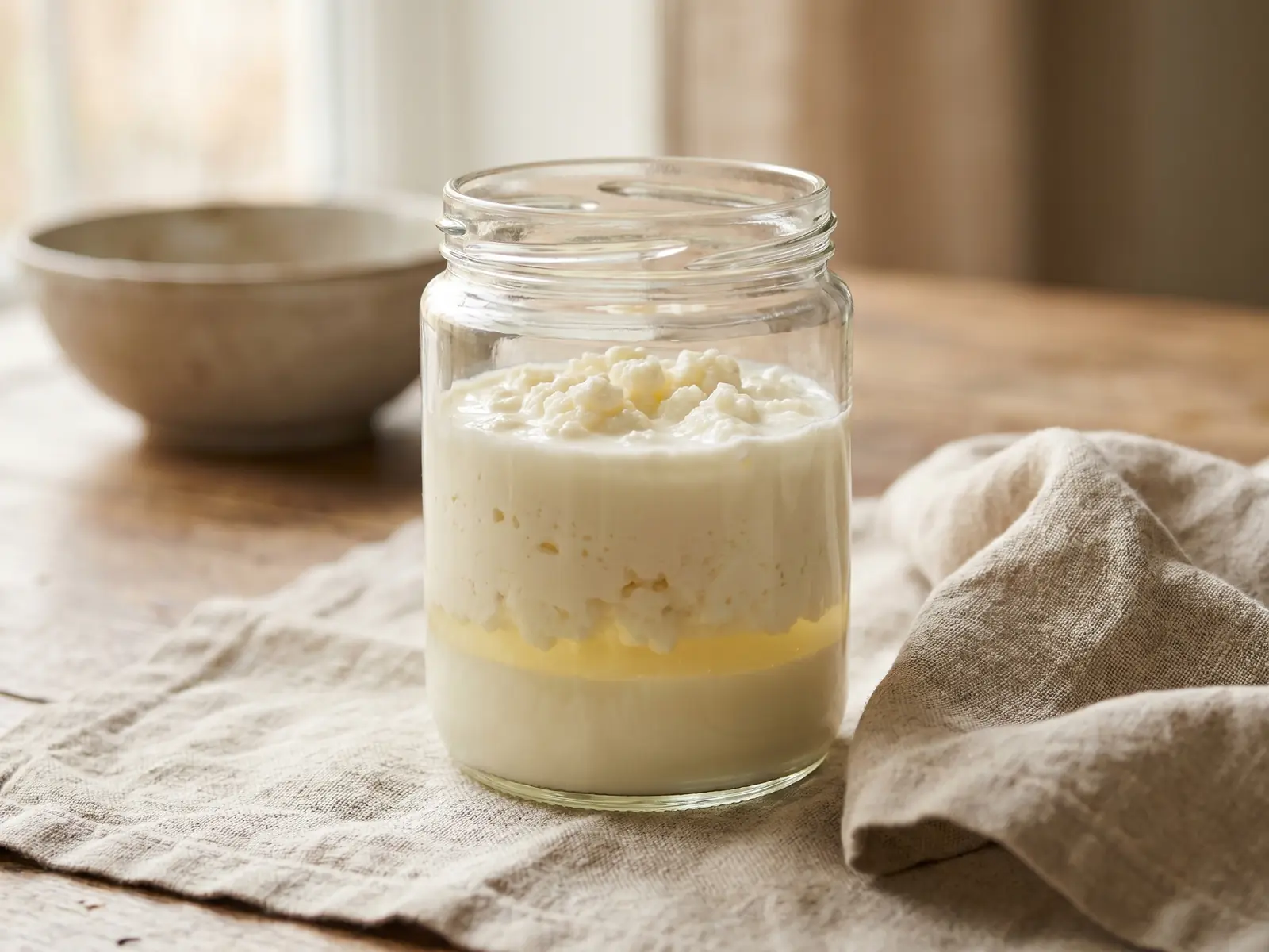 hoeveel kefir per dag drinken Glazen pot met melkkefir in natuurlijke lagen, zichtbare wei en een linnen doek ernaast.