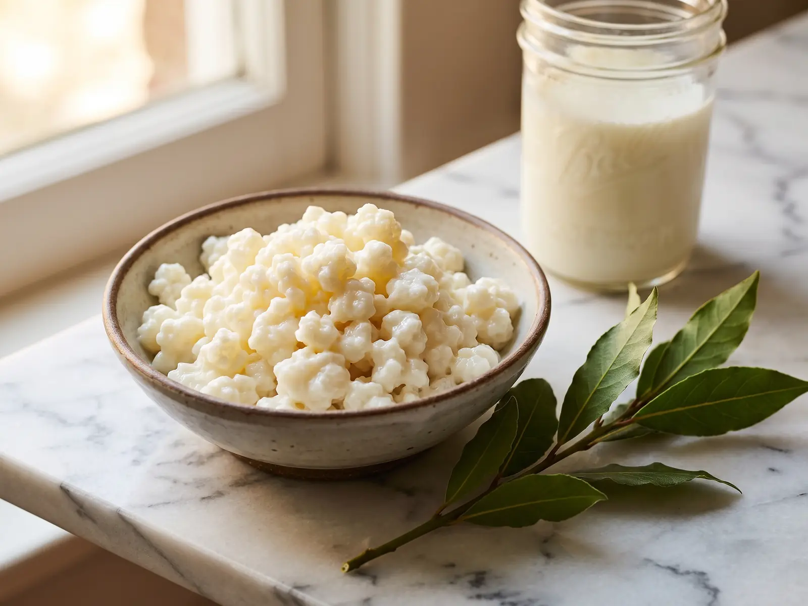 rauwe melk kefir ongezond Kom met melkkefirkorrels en een romige pot kefir op wit marmer met een tak verse laurier.