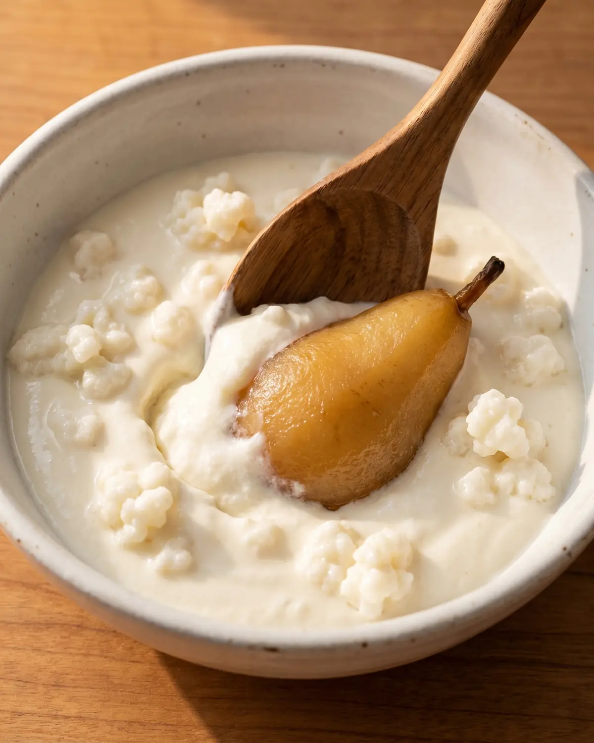 hoeveel kefir per dag Houten lepel trekt een langzaam spoor door romige melkkefir met gestoofde peer in een witte kom.