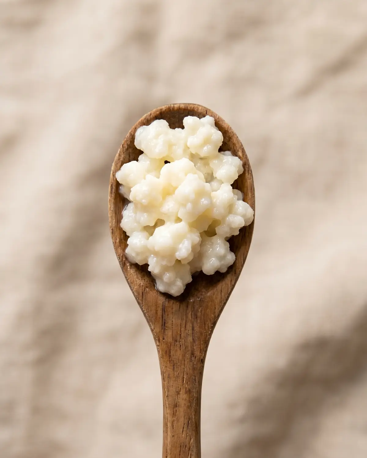 beste kefir keuringsdienst van waarde Close-up van melkkefirkorrels op een houten lepel, met hun korrelige en romige structuur zichtbaar.