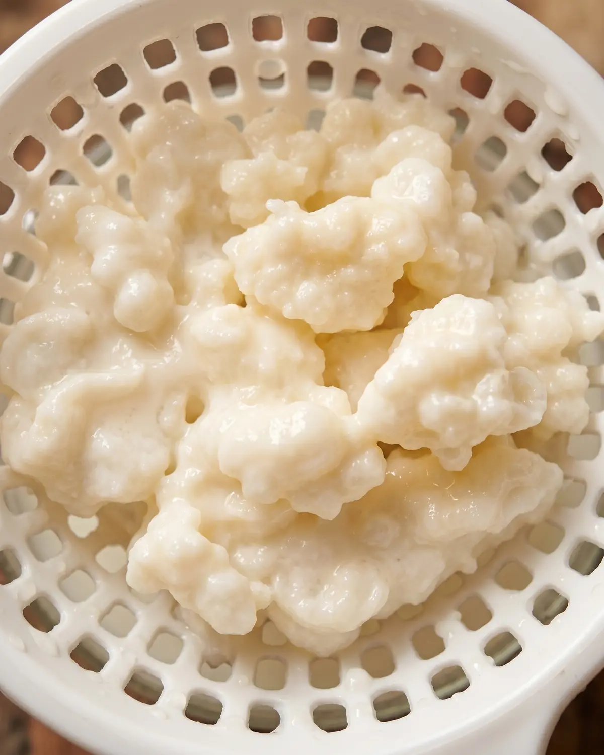 gefermenteerde melk Close-up van roomwitte melkkefirkorrels in een witte zeef met dikke druppels ertussen.