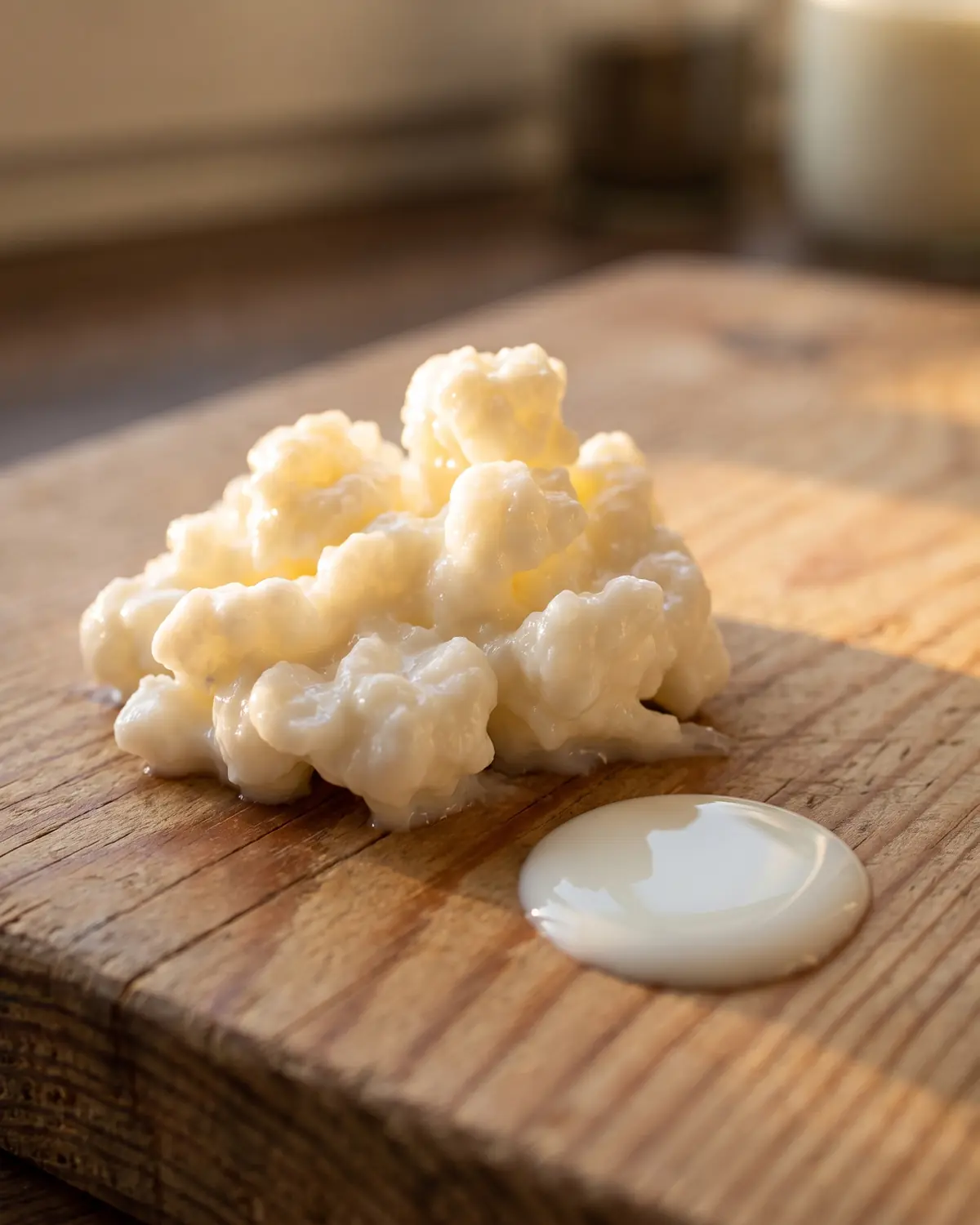 kefir wanneer drinken Melkdruppel op een grenen plank met een kefirkorrel dichtbij in warme ochtendgloed.
