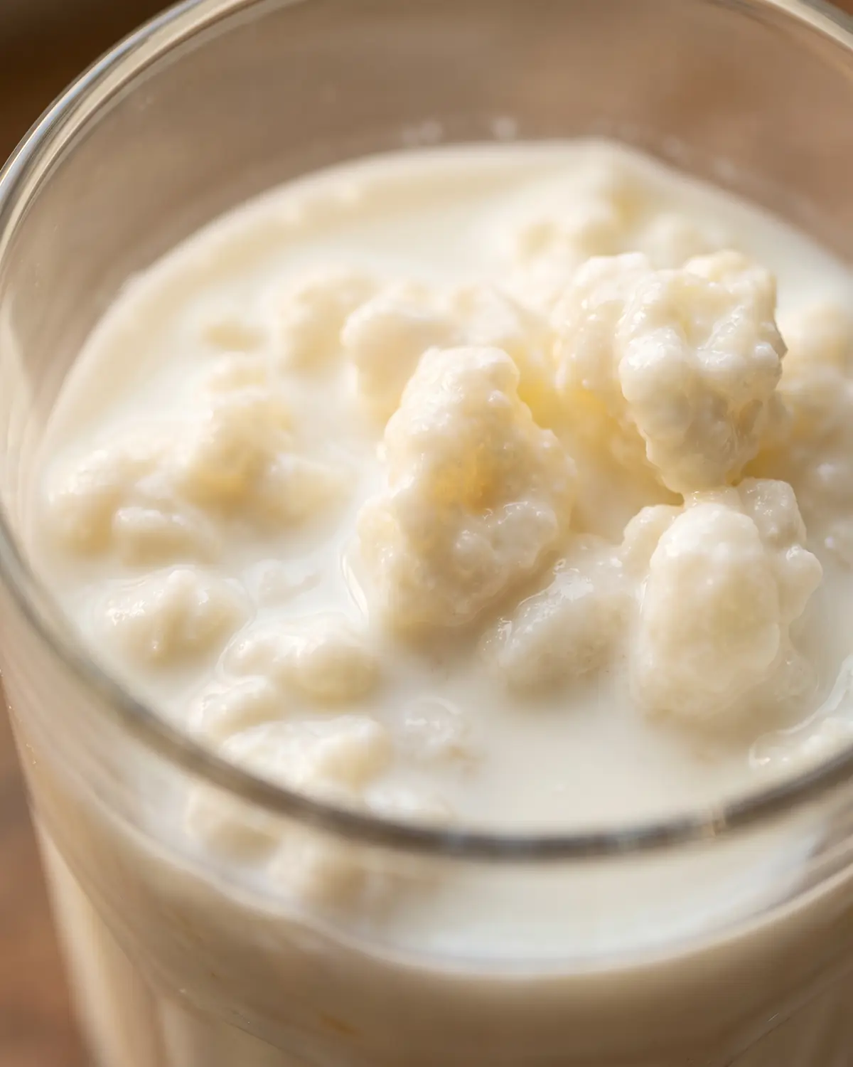 Verse melkkefirkorrels in een glazen pot, omgeven door wolken melk tijdens het begin van fermentatie.