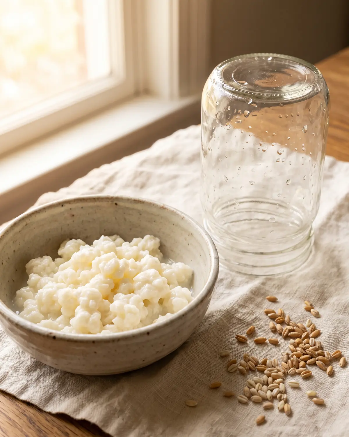 kefir bijwerkingen Omgekeerde glazen pot op linnen met kefirkorrels in een keramische kom naast het schoongemaakte materiaal.