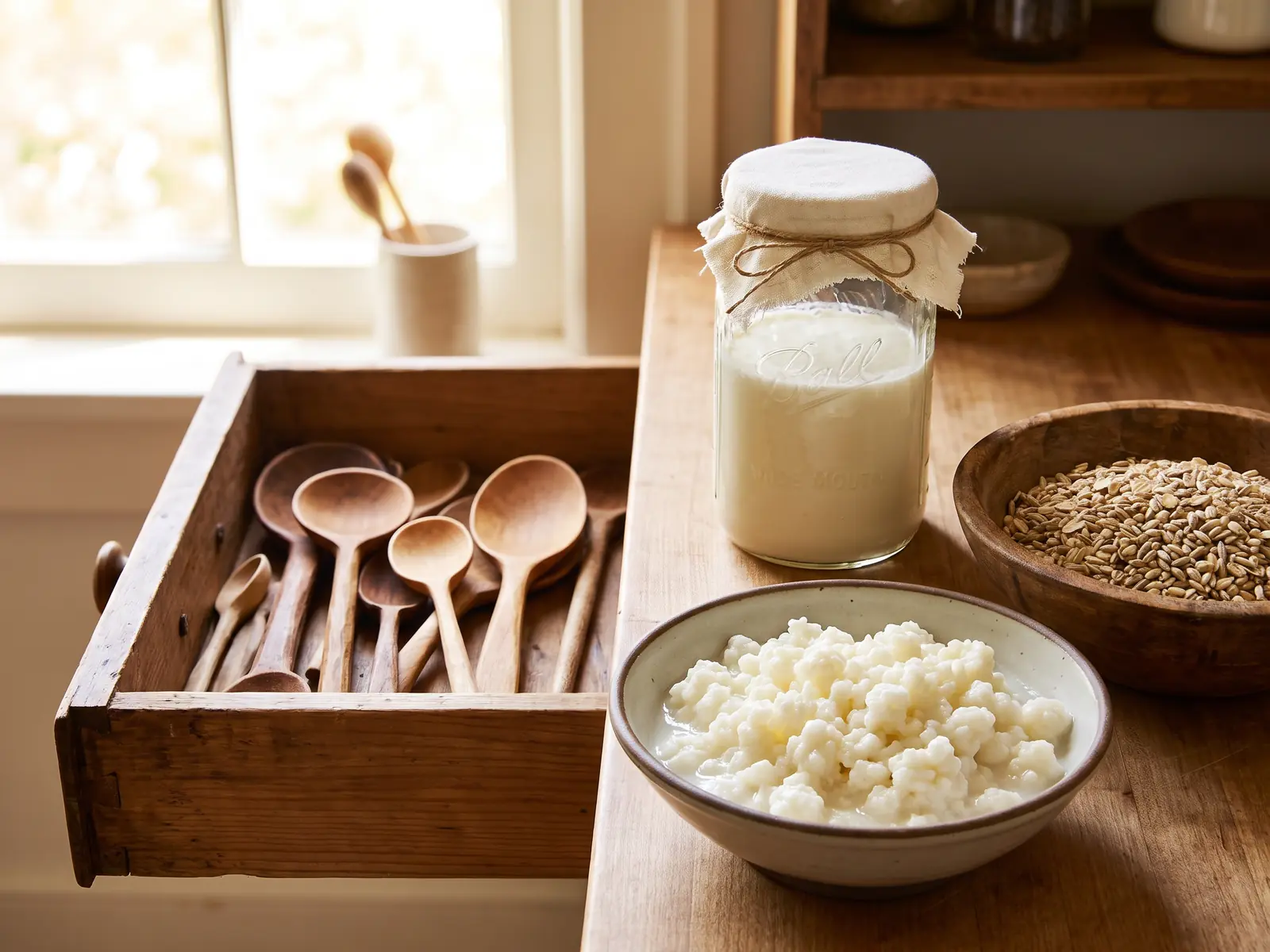 hoe wordt kefir gemaakt Open lade met houten lepels, een pot melkkefir ernaast en kefirkorrels in een kom.