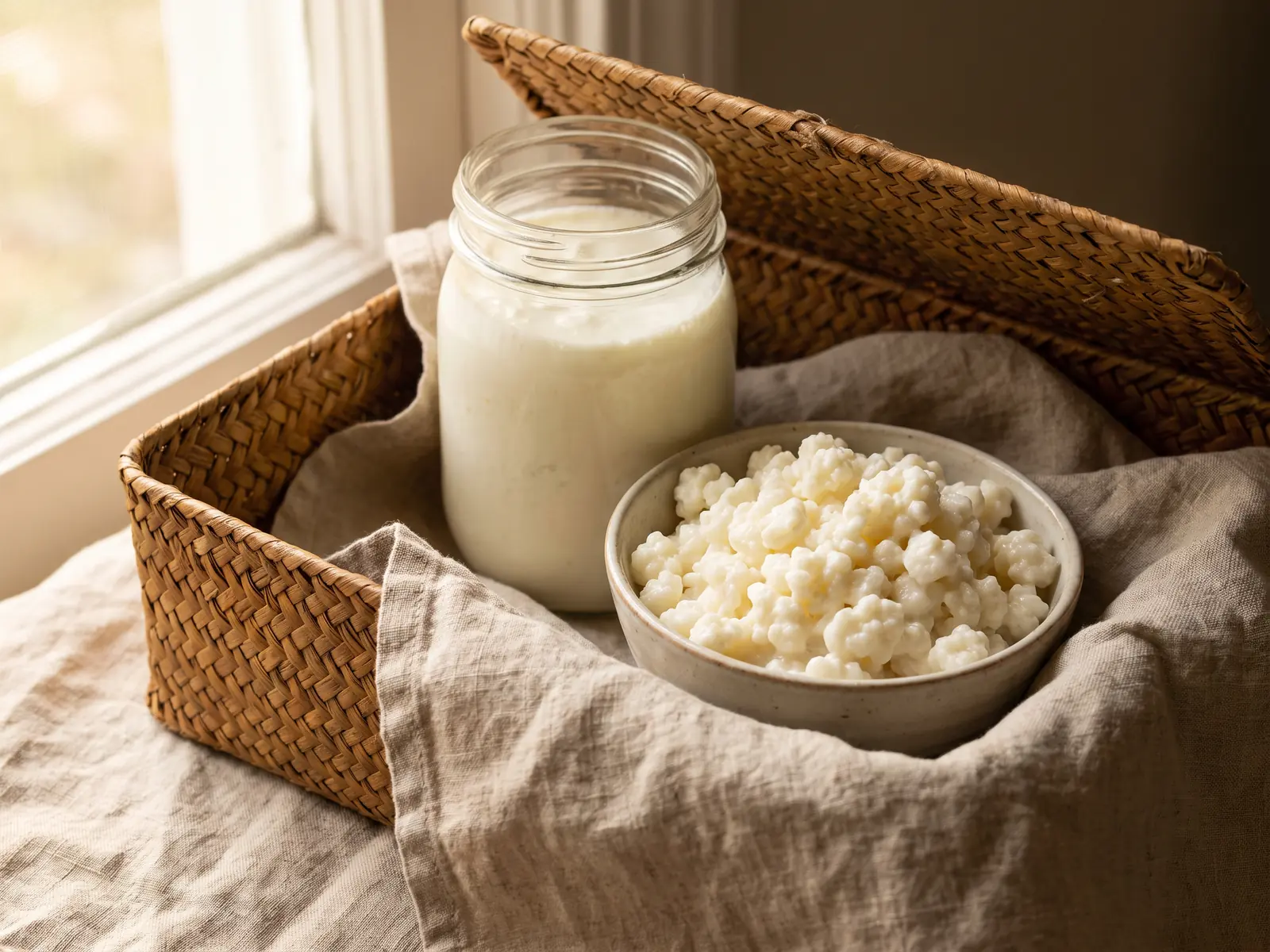 wat doet kefir Open mand met een pot melkkefir en een kommetje kefirkorrels op geplooid linnen in zacht licht.