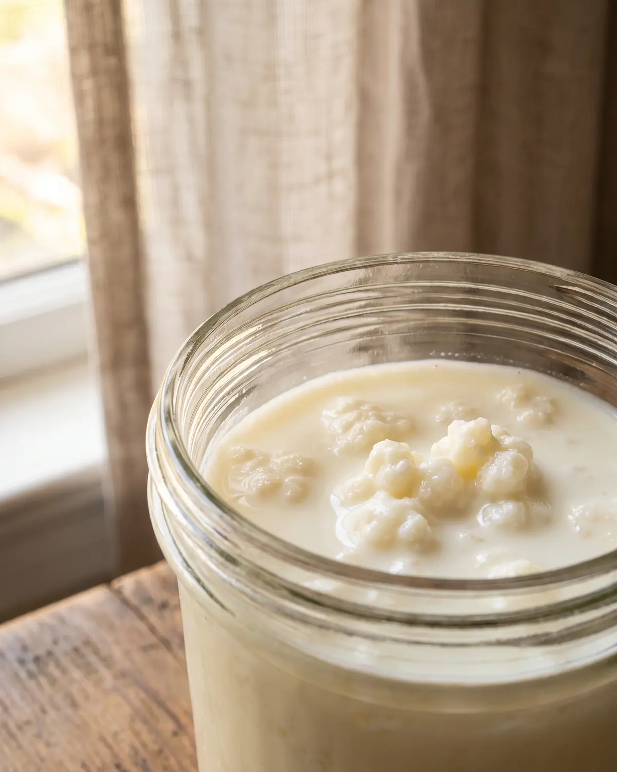 Rand van een open pot melkkefir met drijvende korrels en een dun romig laagje onder zacht licht.