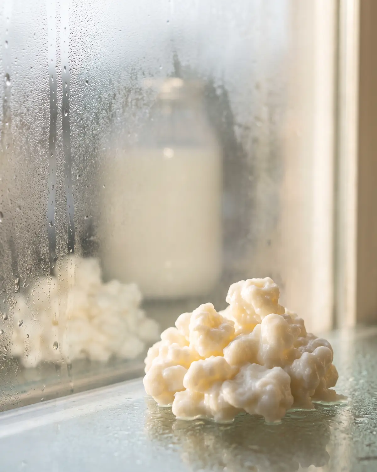 zit er alcohol in kefir Een melkwitte kefirpot bij een beslagen raam, met vaag zichtbare korrels in zacht natuurlijk licht.